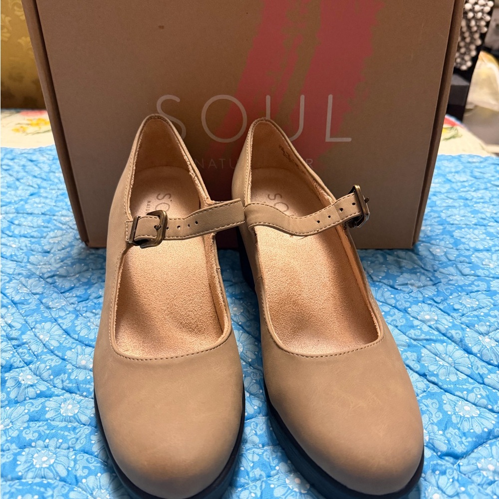 SOUL Naturalizer Adore Mary Jane wedges in a beige/taupe color